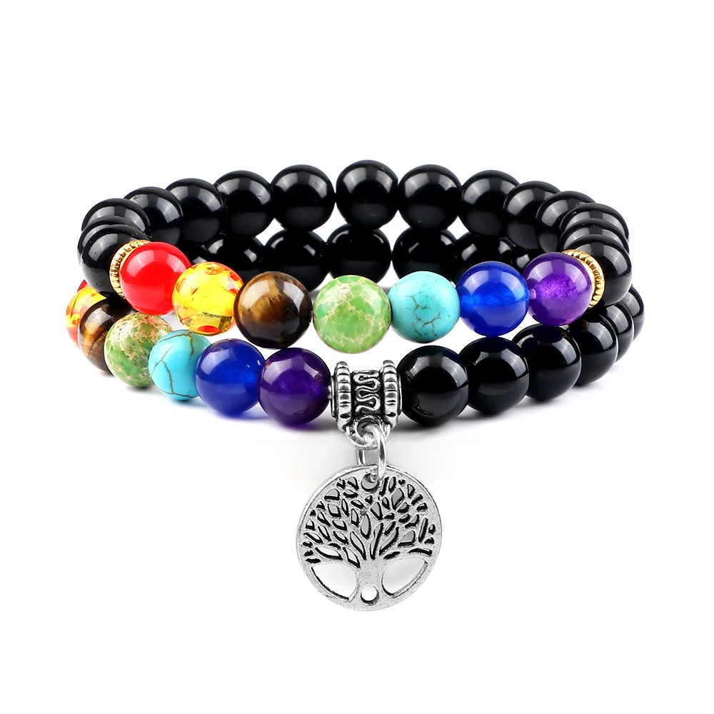 Hemasa 2pcs/set Hot 7 Chakra Beads Bracelets Tree of Life Natural Tiger Eye Stone Black Lava Onyx Balance Bracelet Yoga Bangles Jewelry