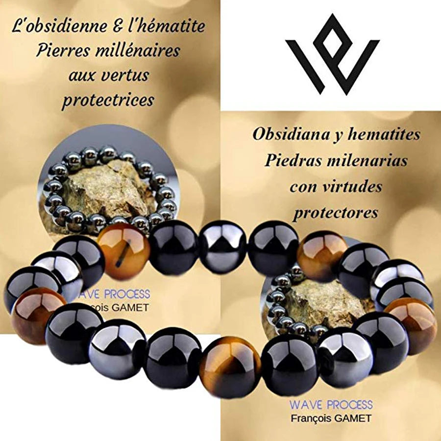 Heamasa Natural Black Obsidian Hematite Tiger Eye Beads Bracelets
