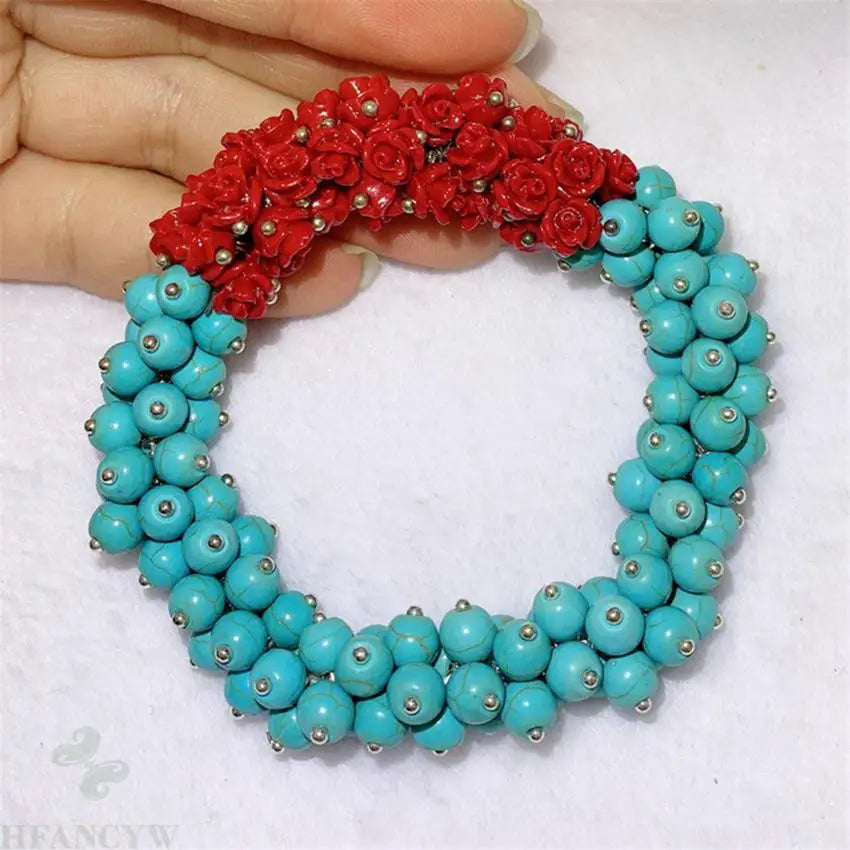 4-5mm beads Natural Turquoise Red Coral Stretch Bracelet Yoga Fancy Bless Pray Cuff Men's Classic Meditation Lucky Reiki Prayer
