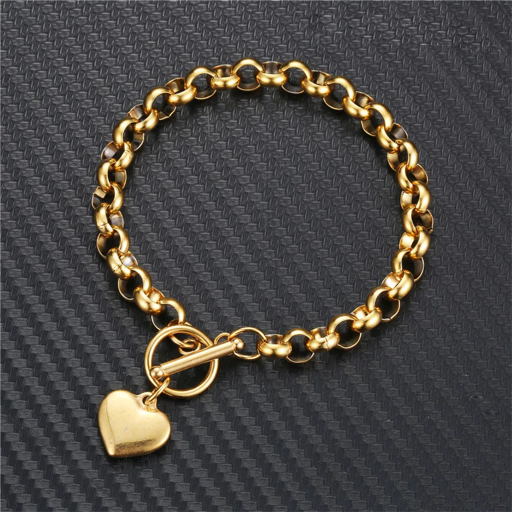 Tejesa Stainless Steel Keel Chain Puff Heart Charms  with  Toggle Bracelets