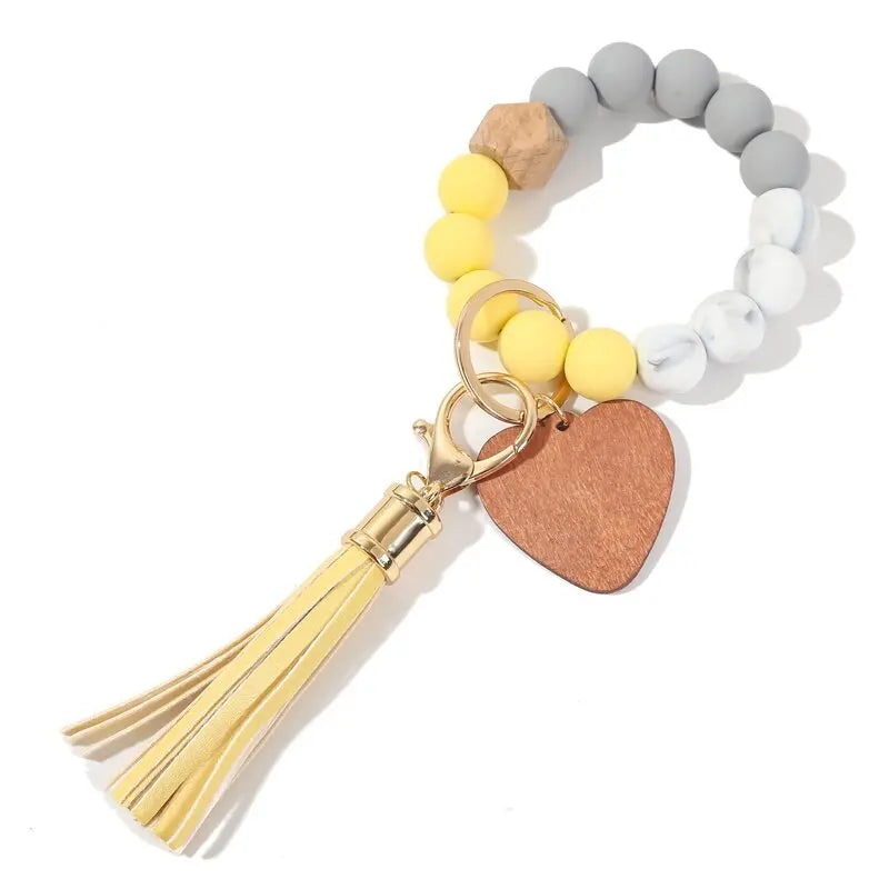 Silicone Keychain For Keys Tassel Wood Beads Bracelet Keyring For Women Multicolor Beads Keychain Fashion Keychain Wholesale