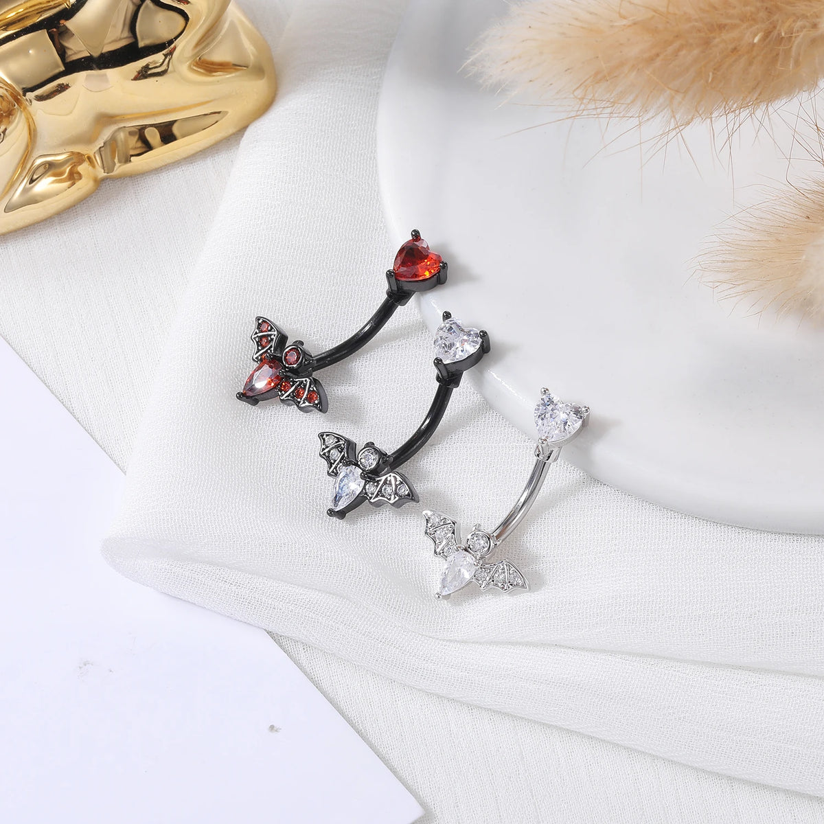 ZS 14G Bat Belly Button Ring Crystal Bat Navel Piercing Black Plated Body Piercing  Red Zircon Bat Belly Piercing Jewelry Women