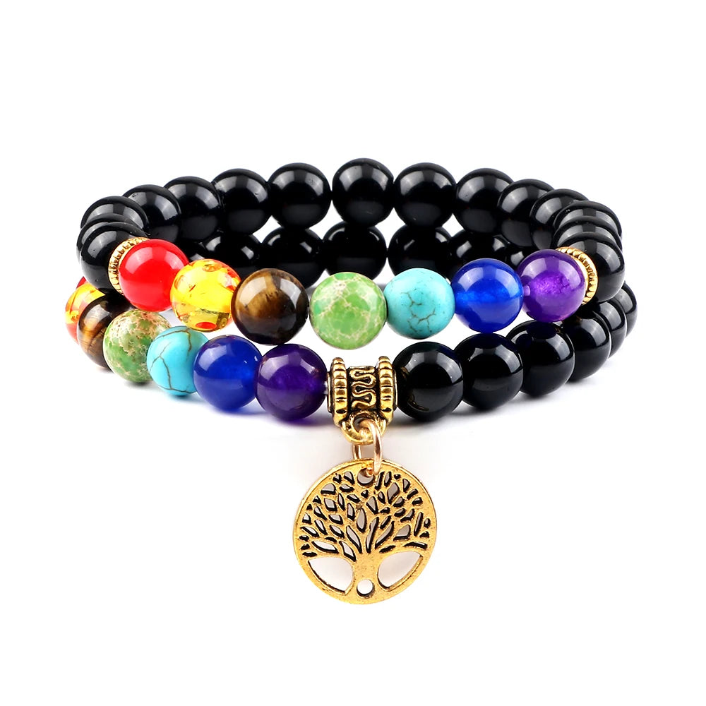 Hemasa 2pcs/set  7 Chakra Beads Stretchable  Bracelets  with Tree of Life Natural Tiger Eye Stone Black Lava Onyx Balance Bracelet Yoga Bangles Jewelry