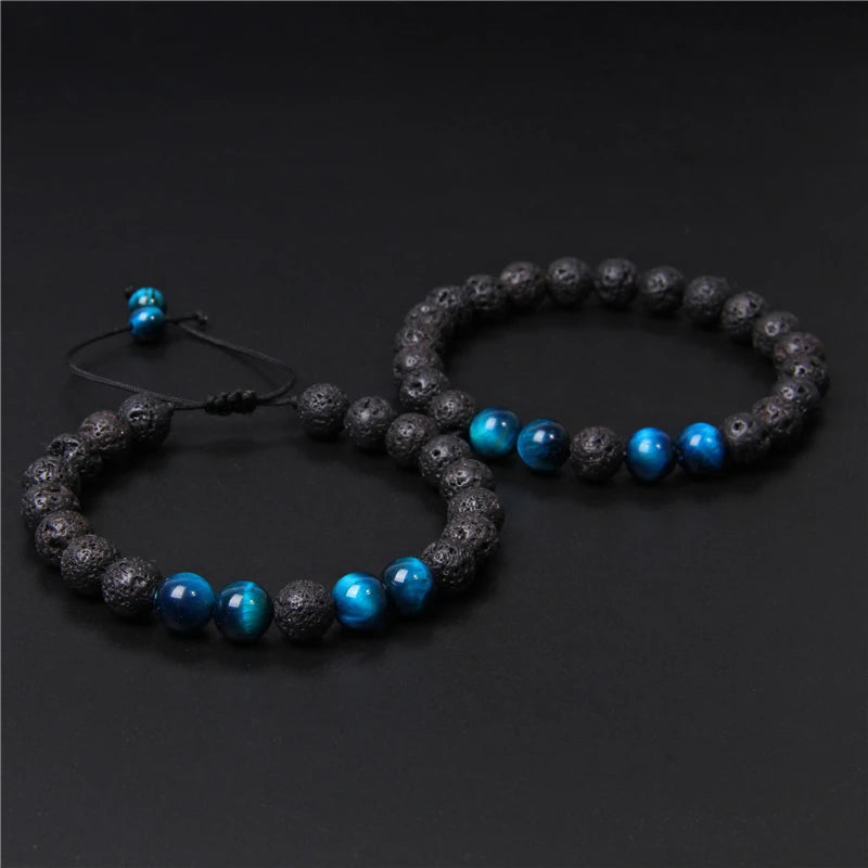 Tejesa 2pcs Men Bracelet 8mm Natual Stone Tiger Eye Beads Bracelet Round Onyx Beaded Adjustable Bracelet Jewelry Women Men