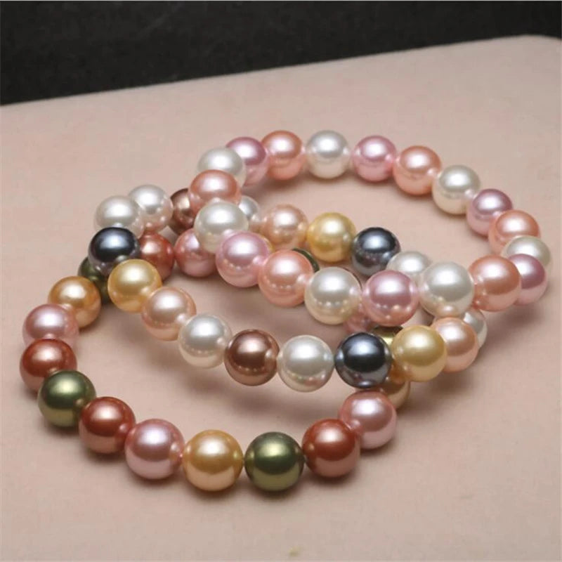 Hot 8 10mm Round Beads Fashion Multicolor Natural shell Tahitian black Multicolor south sea shell pearls Bracelet Elastic line