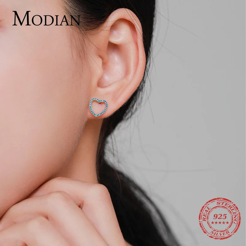 MODIAN Pure 925 Sterling Silver Romantic Simple Hearts Charm Turquoise Stud Earrings For Women Wedding Statement Jewelry Aretes
