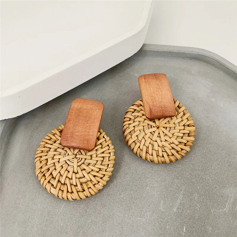 New Fashion Bamboo Wooden Straw Weave Rattan Knit Vine geometric round triangle long earrings bohemian For Women party jewelry