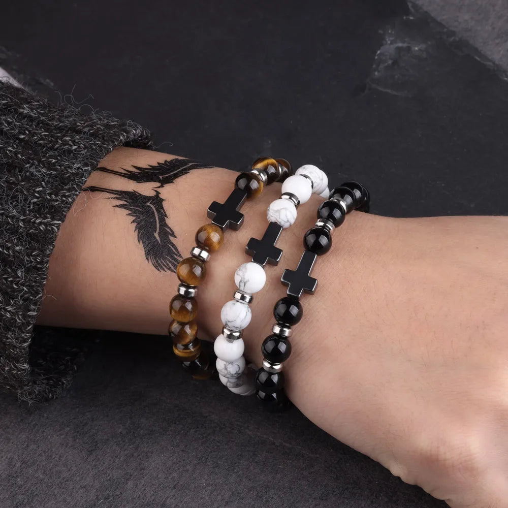 Hemasa Natural Stone Cross Bracelets Hematite Stainless Steel Cross Elastic Rope Map Lava Bead Bracelet For Men Women Charm Jewelry