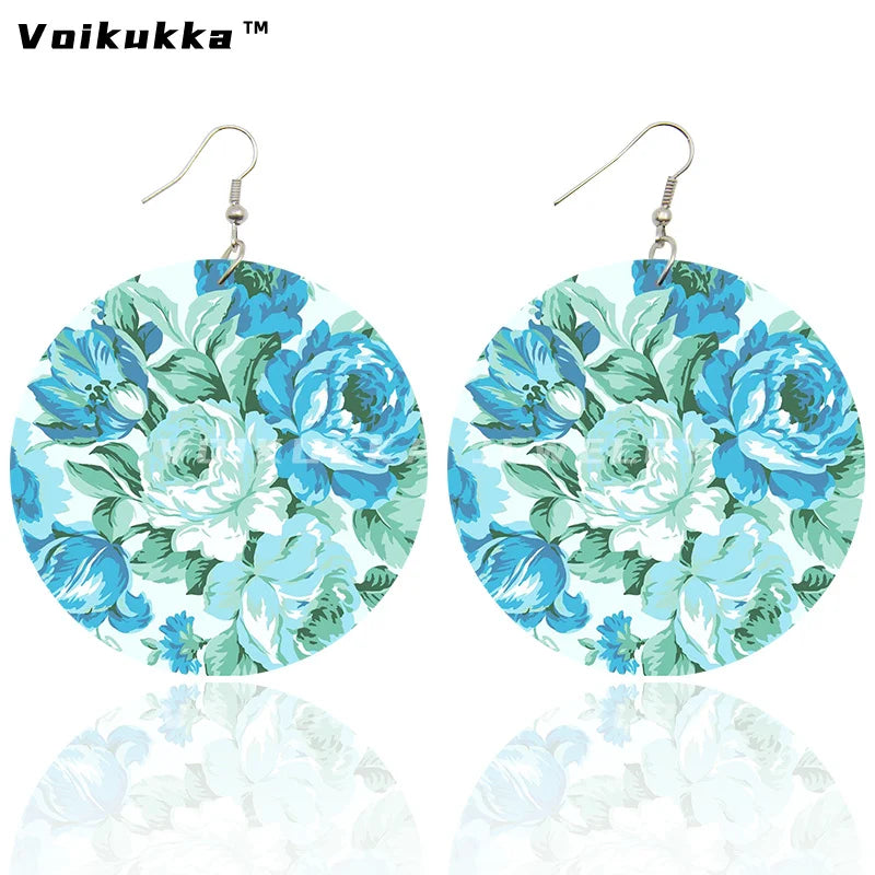 Voikukka Jewelry 6 CM Circle Floral Double-sided Printing Flowers Country Style Wooden Pendant Drop Fashion Earrings For Women