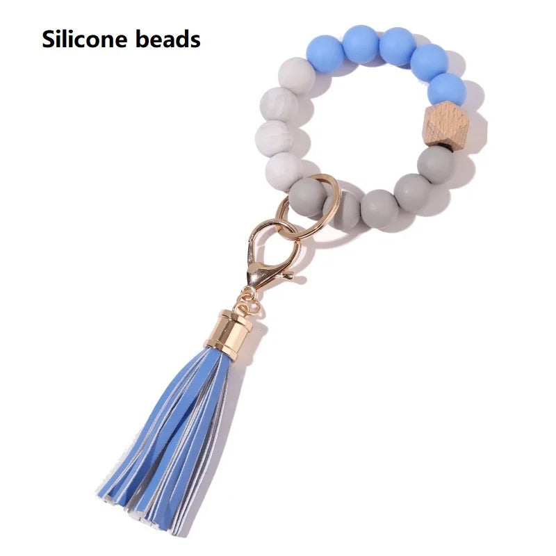 Silicone Keychain with Safe Card Picker Rainbow Color Silicone Beads Women Keyrings Barcelet Fashion Keychains For Keys Bag Car