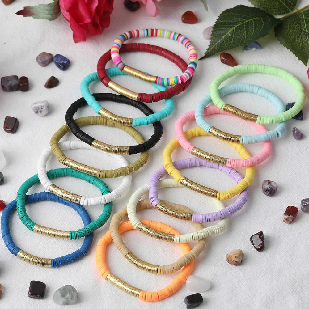 10Pcs Rainbow 6mm Polymer Clay Heishi Disc Beads Elastic String Bracelet Fashion Women Vinyl Flat Beads Boho Bracelet Jewelry