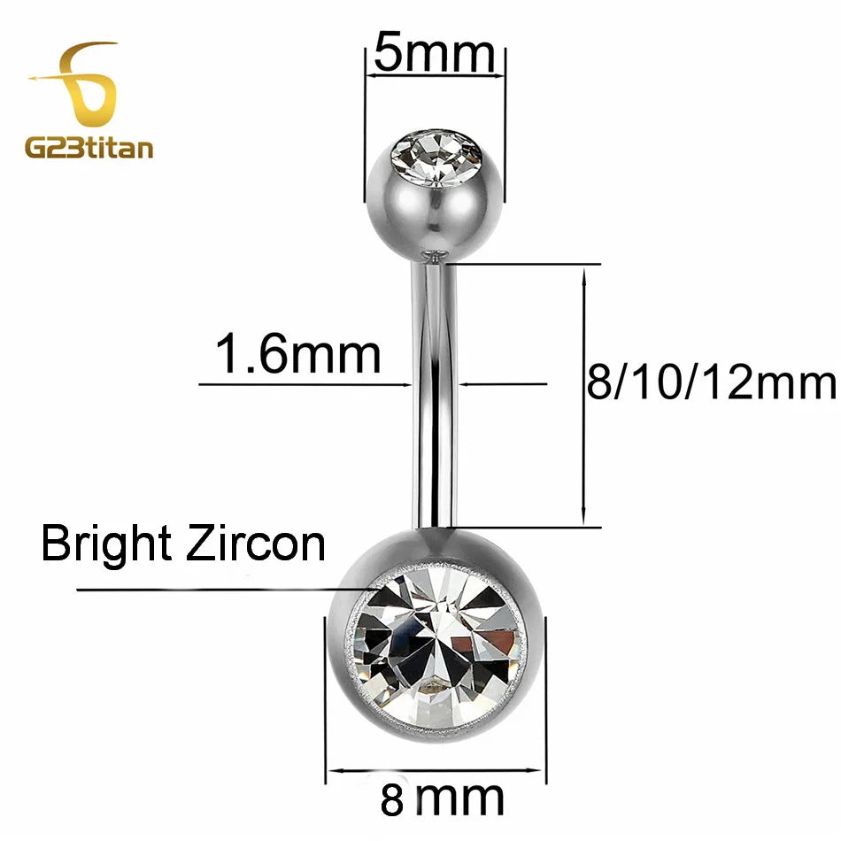 G23Titian 14G 8mm 10mm 12mm Surgical Titanium Belly Button Rings Zircon Navel Bar Body Piercing Jewelry Nombril Ombligo Barbell