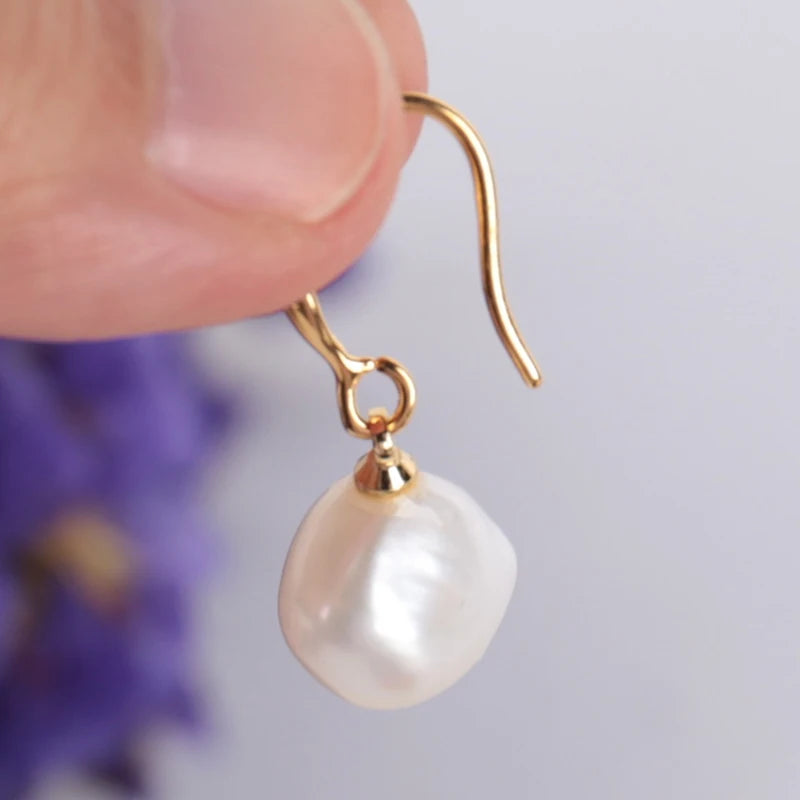 Hemasa 10-12mm Natural White Baroque Pearl Earrings 18K Dangle Hook handmade teardrop luxury Ear rings