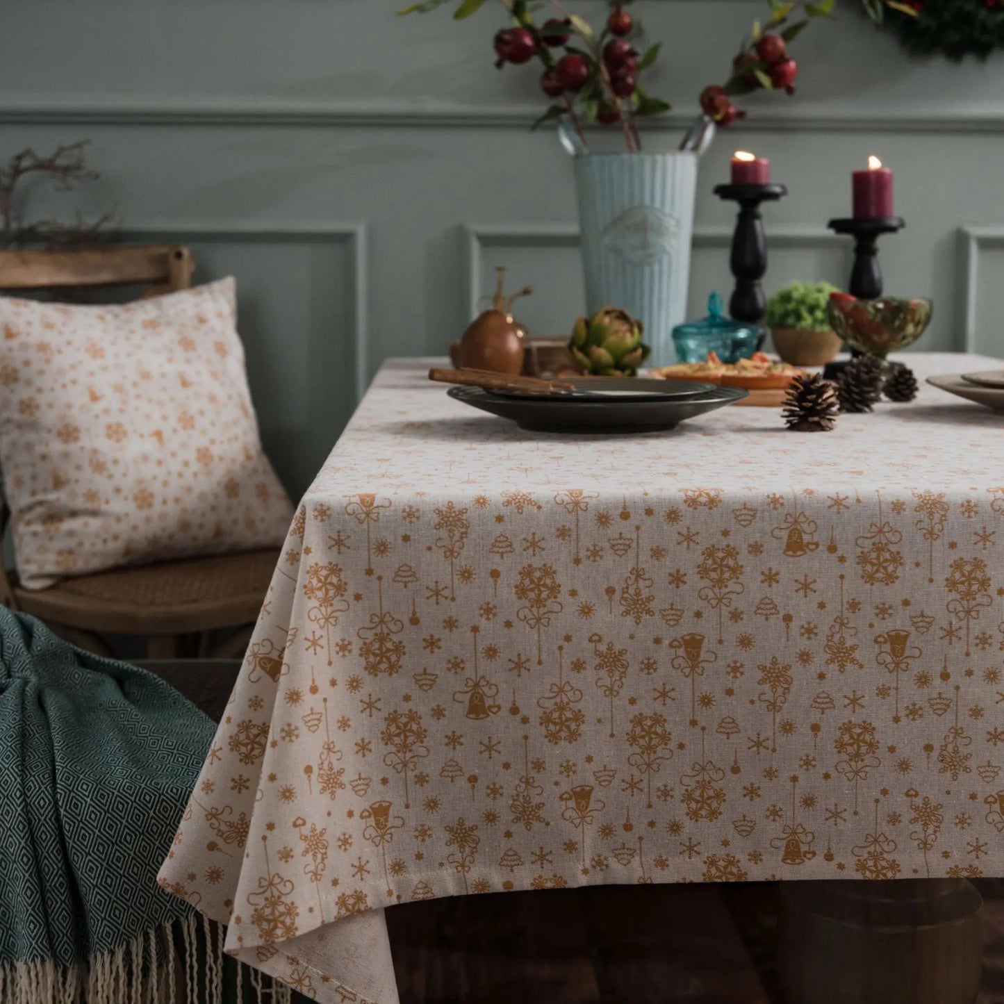 Tejesa Green Tablecloth with Christmas Pattern, Cloth, Pillowcase, Wedding Decoration, Banquet Table Cover