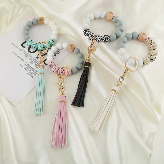 Silicone Keychain For Keys Tassel Wooden Beads Wrist Keyrings Bracelet Fashion Anti-lost Useful Women Men Keychains Wholesale