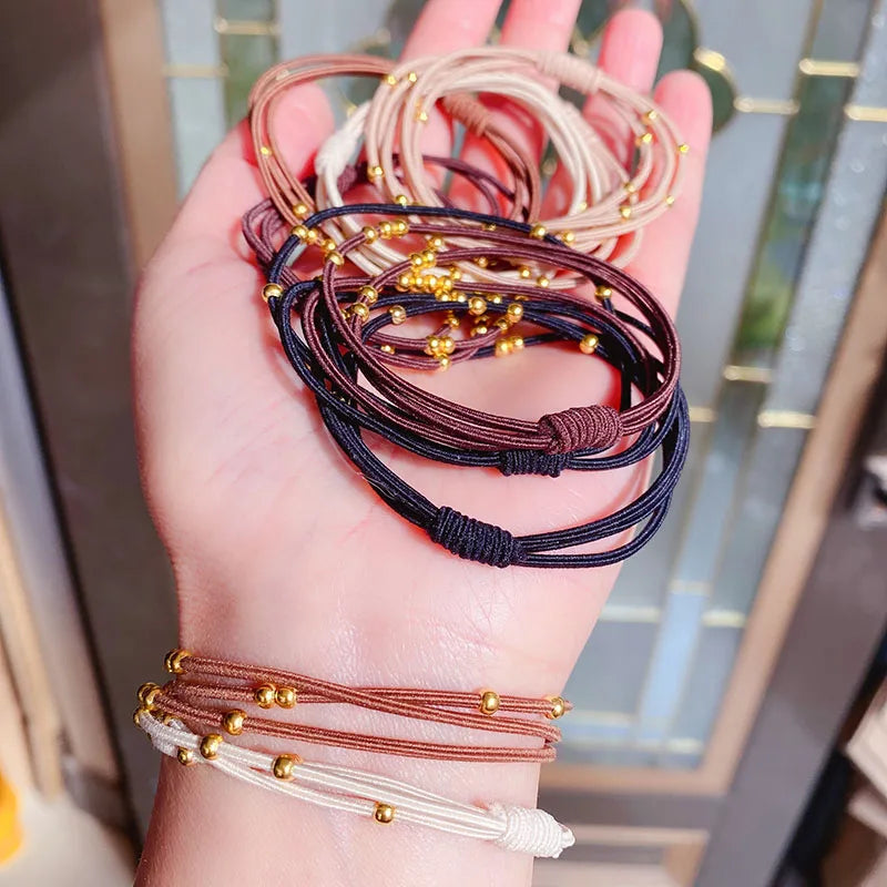 Tejesa 10PCS Korean Women Elastic Hair Rubber Bands  for Girs /Golden Plated Beads Hair Scruchies Hair Tie/Holder