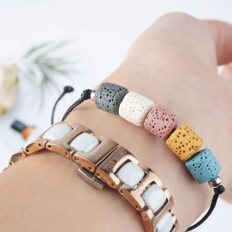 Hemasa Lava Beads Mixed colors minimalist bracelet Natural Volcanic Stone Adjustable Stretch Bracelet&Bangle Jewelry