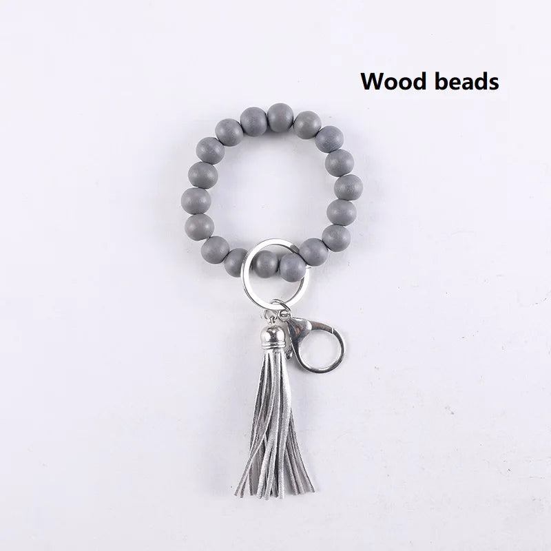 Silicone Keychain For Keys Tassel Wood Beads Bracelet Keyring For Women Multicolor Beads Keychain Fashion Keychain Wholesale