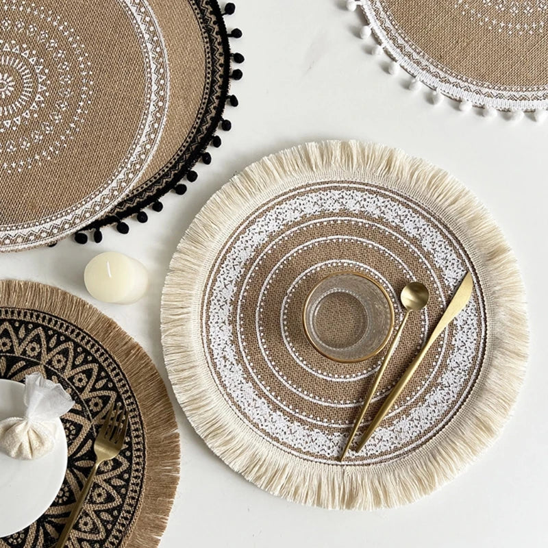 Hemasa Set of 4 Boho Round Jute Woven Place Mats Dining Room Kitchen Table Decor.