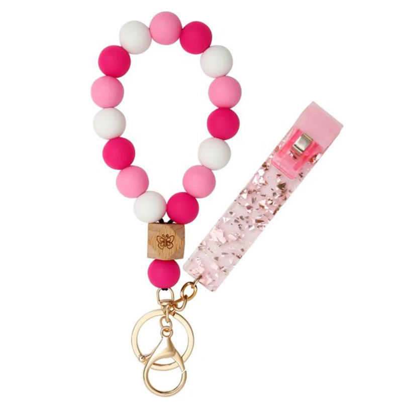 Silicone Keychain with Safe Card Picker Rainbow Color Silicone Beads Women Keyrings Barcelet Fashion Keychains For Keys Bag Car