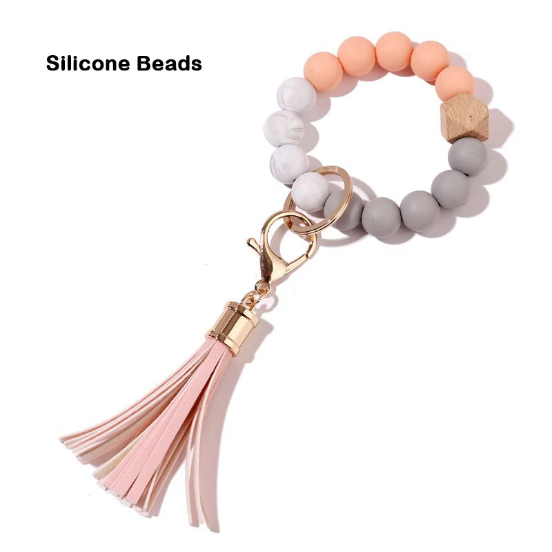 Silicone Keychain For Keys Tassel Wood Beads Bracelet Keyring For Women Accessories Multicolor Keychain Wholesale Hot Sale 2022