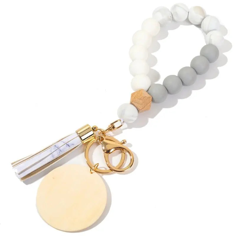 Silicone Keychain For Keys Tassel Wood Beads Bracelet Keyring For Women Multicolor Beads Keychain Fashion Keychain Wholesale