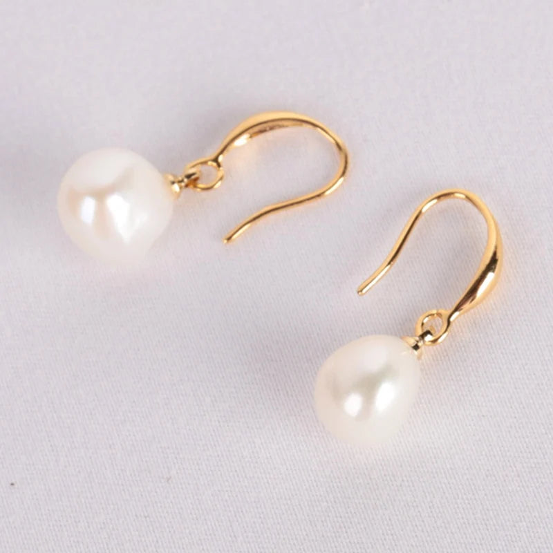 Hemasa 10-12mm Natural White Baroque Pearl Earrings 18K Dangle Hook handmade teardrop luxury Ear rings