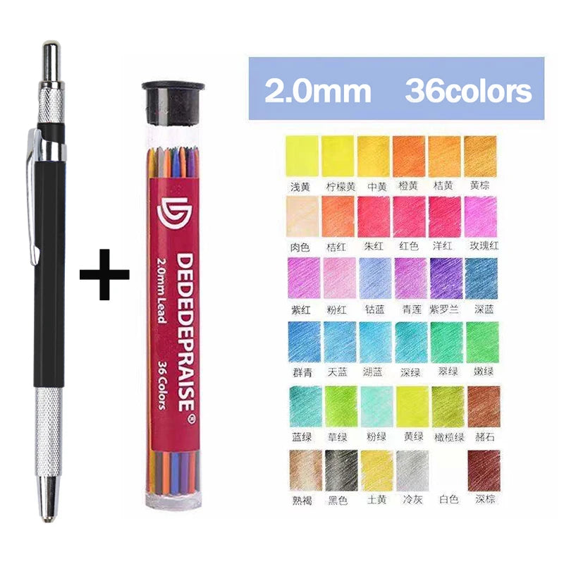 DEDEDEPRAISE Sketch 2.0MM Press Mechanical Pencil & 36colors Leads Drawing Colored Pencils Automatic Pencils Replacement Leads