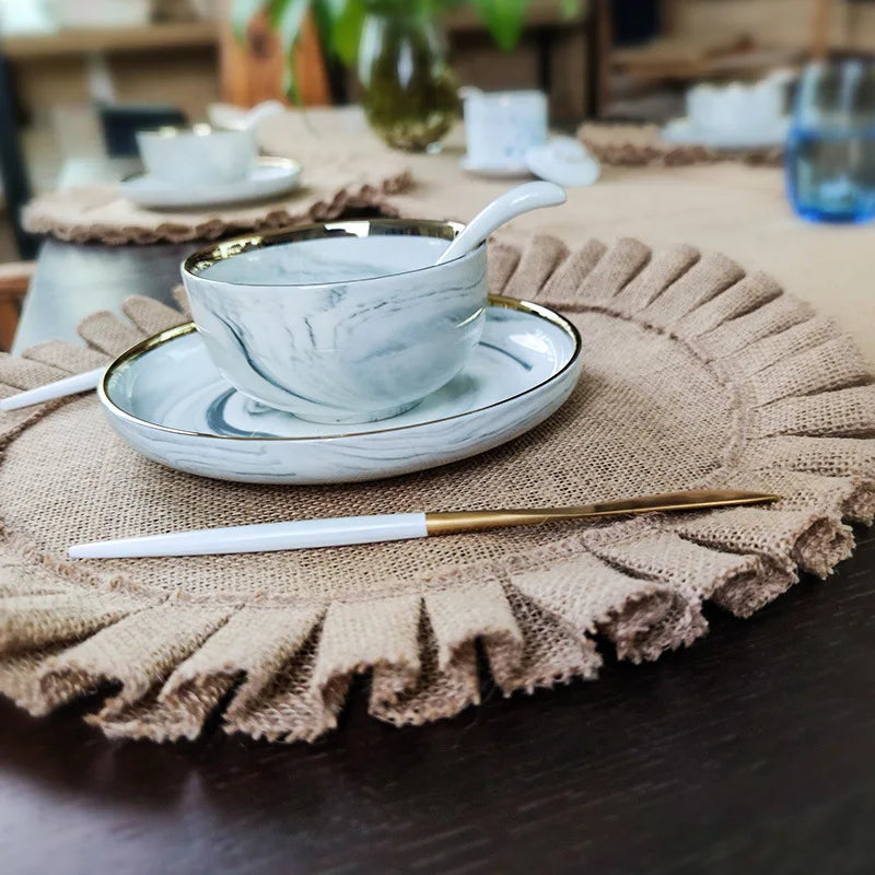 Hemasa 2Pcs  Round Jute Folds Lace Placemats / Natural Color Heat Insulation Pads