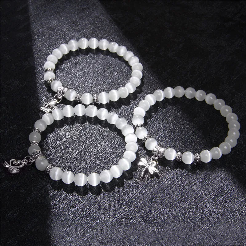 Butterfly Charm White Cat Eye Stone Bracelets For Women Men Crown Swan Elephant Pendant Moonstone Beads Bracelet Fashion Jewelry