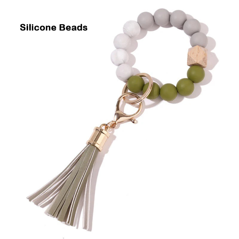 Silicone Keychain For Keys Tassel Wood Beads Bracelet Keyring For Women Accessories Multicolor Keychain Wholesale Hot Sale 2022