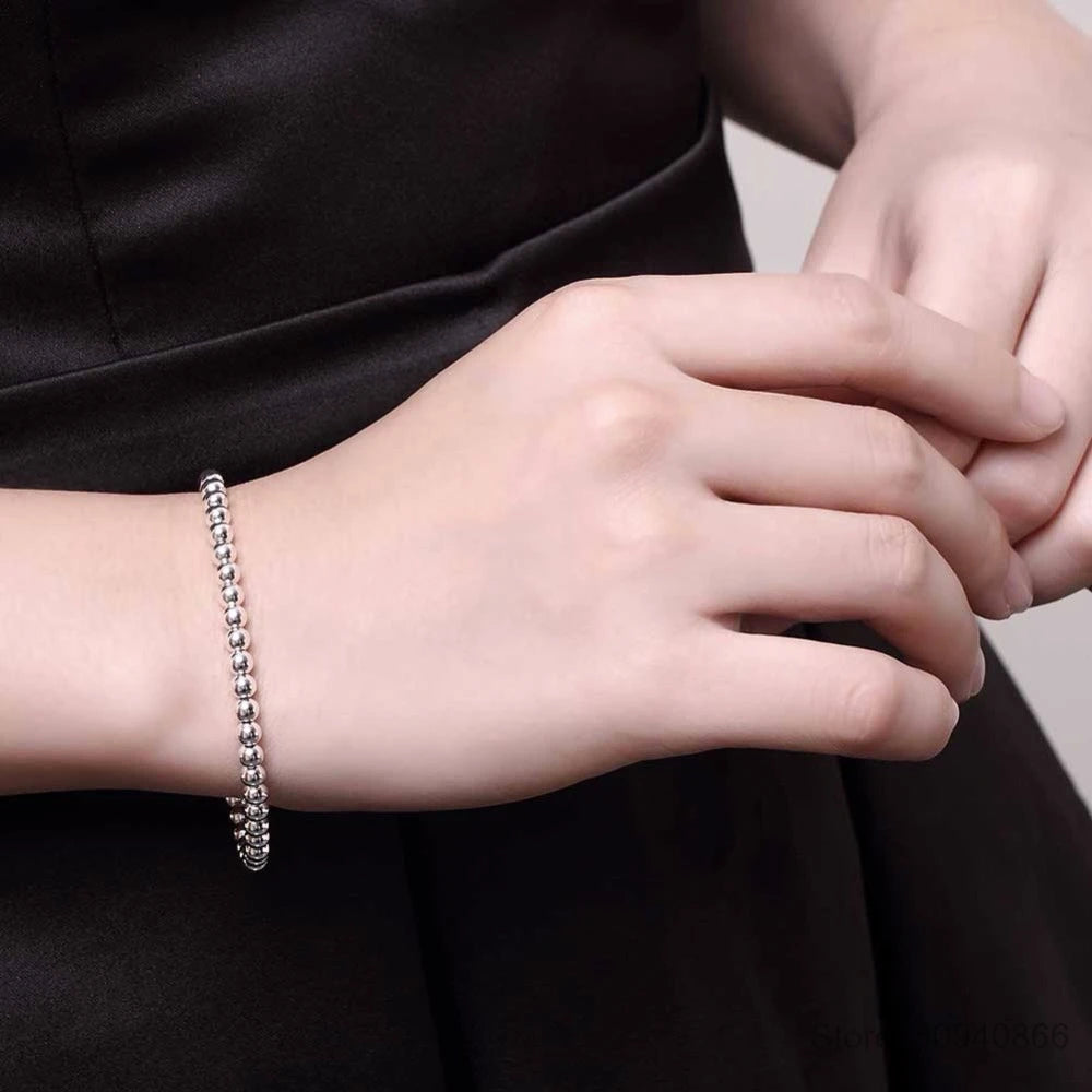 100% 925 Solid Real Sterling Silver Fashion 4mm Beads Chain Bracelet for Women 20cm For Teen Girls Lady Gift Women Fine Jewelry