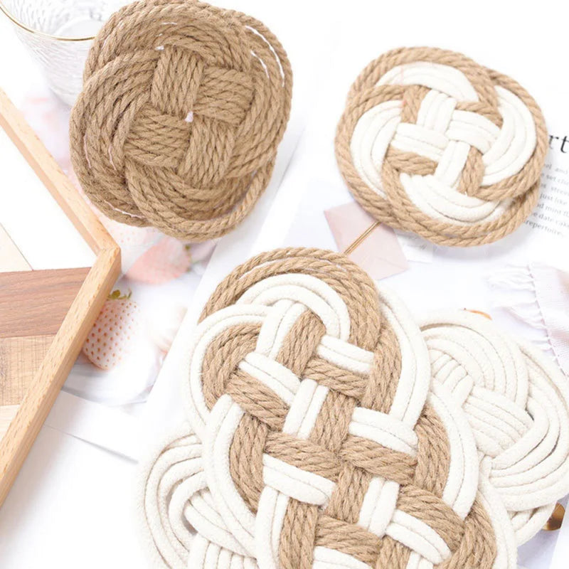 Hemasa Set of 2 Rope Woven Cotton Thread Jute Cup Mats, Coaster Placemats - Available in 3 designs.