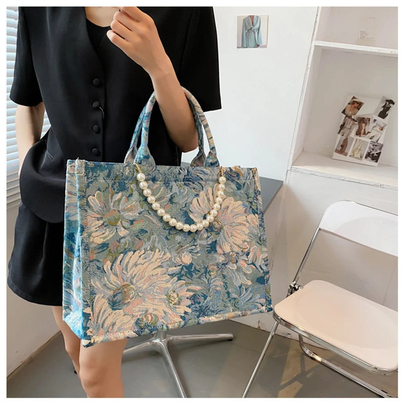 Hemasa Autumn  Woman Canvas Tote Bag Pearl Bead Decorated Crossbag