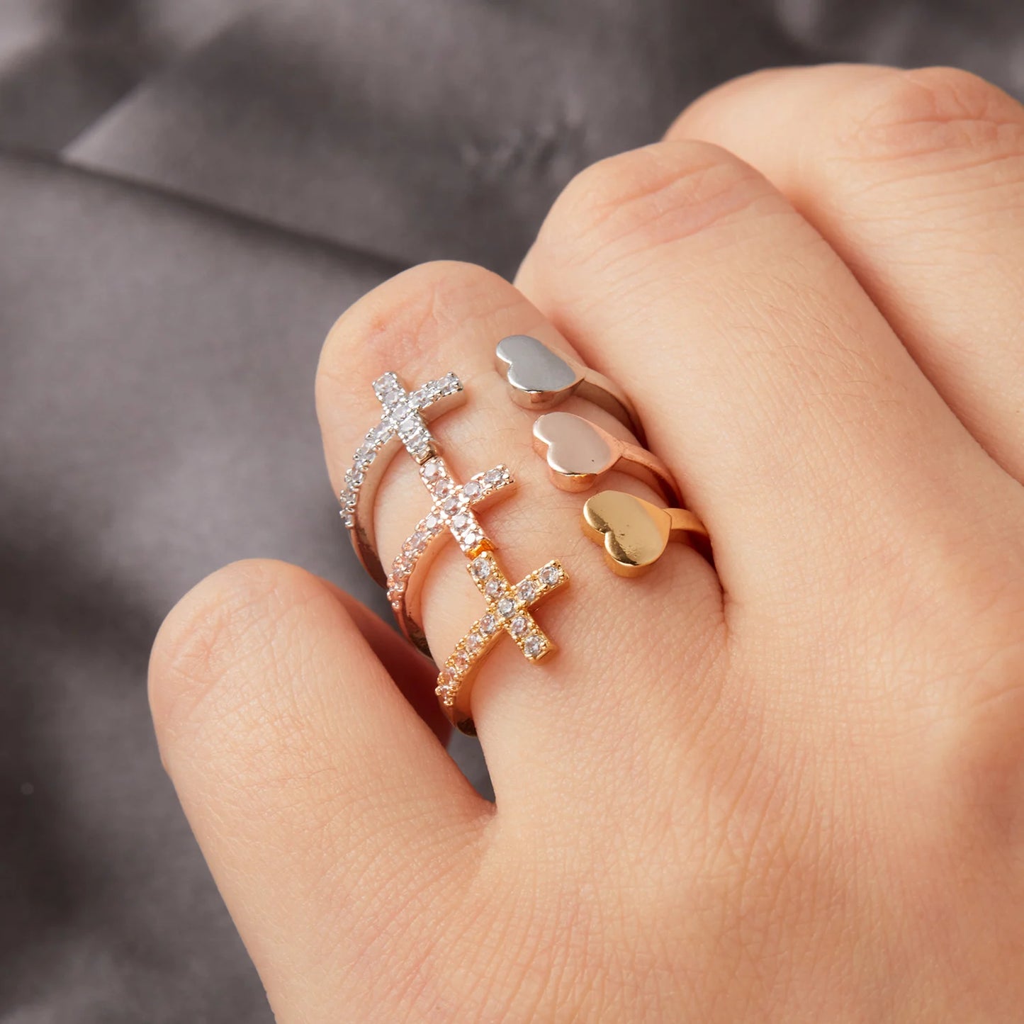 Classic Popular Zircon Cross With Heart Rings For Women New Rose Gold Color Open Adjustable Wedding Ring Dropshipping