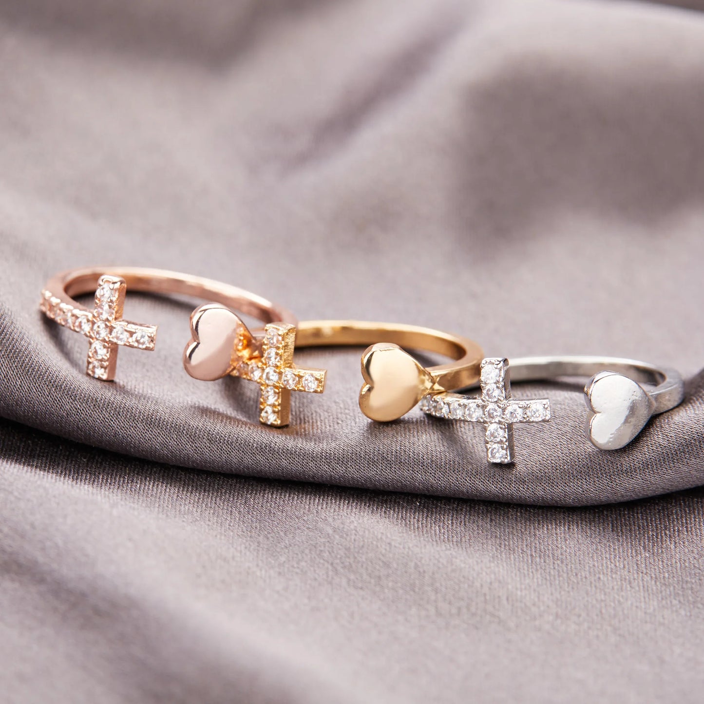 Classic Popular Zircon Cross With Heart Rings For Women New Rose Gold Color Open Adjustable Wedding Ring Dropshipping