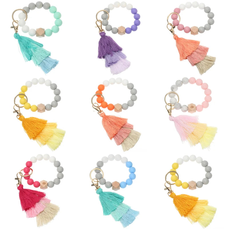 Hemasa Silicone Beads Keychain for Women/ Multilayer Tassel Bracelet Keychain