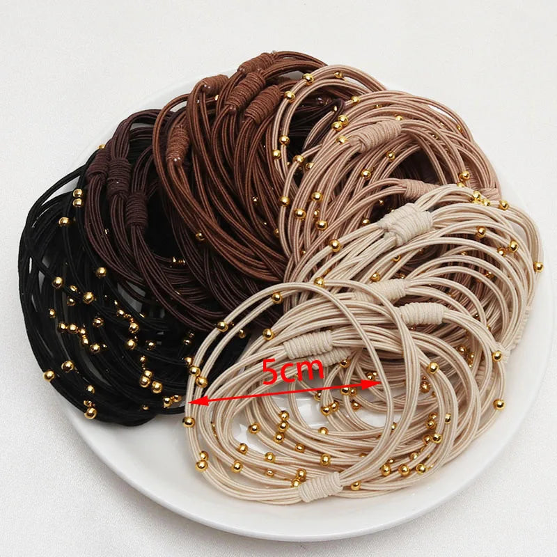 Tejesa 10PCS Korean Women Elastic Hair Rubber Bands  for Girs /Golden Plated Beads Hair Scruchies Hair Tie/Holder
