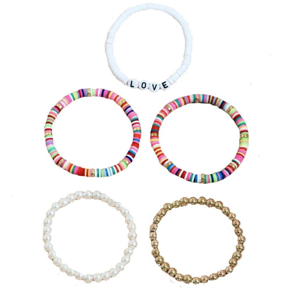 4pcs/set Bohemian English Letters LOVE Pearl Colorful Clay Bead Bracelet Women Summer Beach Casual Jewelry Gift