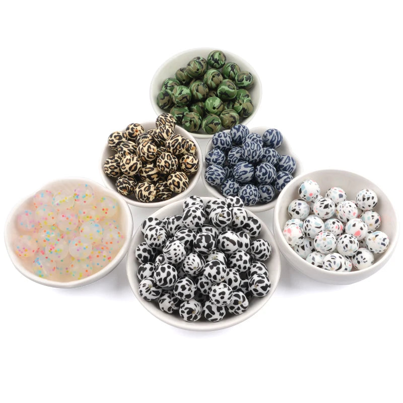 LOFCA 20pcs Tie dye leopard Terrazzo Dalmatian camo Silicone Beads Teething Beads DIY Chewable Colorful Teething For Infant Baby
