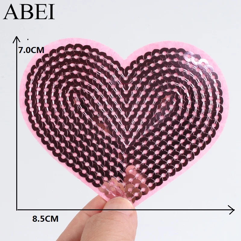 10pcs Embroiderd Big Pink Heart Patches Iron On Sequined Patch Glittle Stickers DIY Fabric Appliques