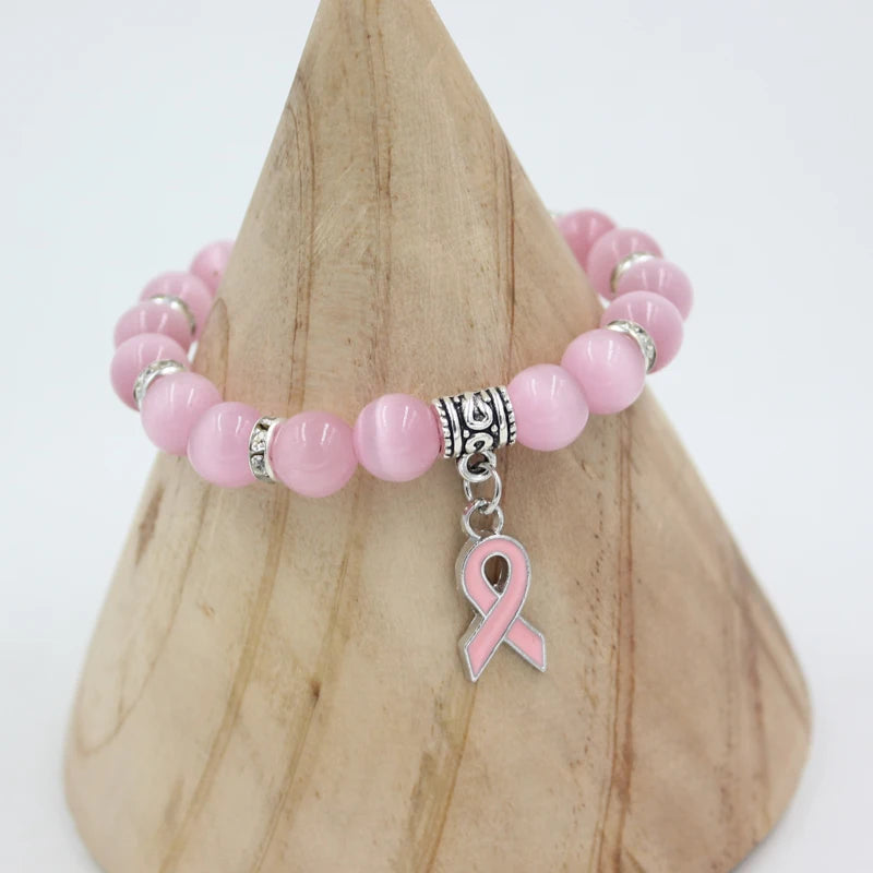 Hemasa  Breast Cancer Awareness Jewelry White/ Pink Opal Beaded Bracelet with Ribbon Charm