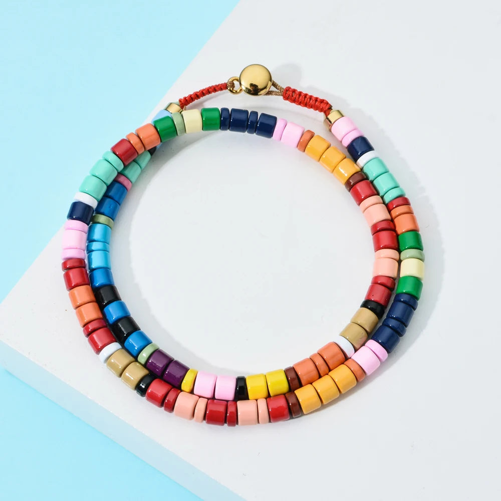 Hemasa Multicolor Enamel Tile Beads  Elastic Rainbow Bracelet  for Girl /Friend /Women