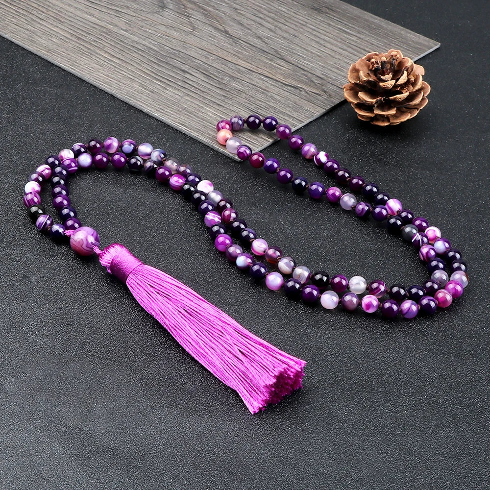 Women Mala Bohemian Tassel Necklace 108 Beads Natural Stone Purple Stripe Onyx Stone Beaded Necklace Buddhist Buddha Jewelry