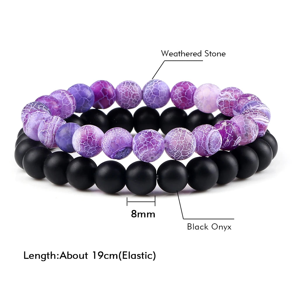 Heamsa 2pcs Men Beads Bracelet Natural Crack Weathered Stone Black Onyx Bangles Stretch Couple Distance Bracelets Yoga Wrist Jewelry