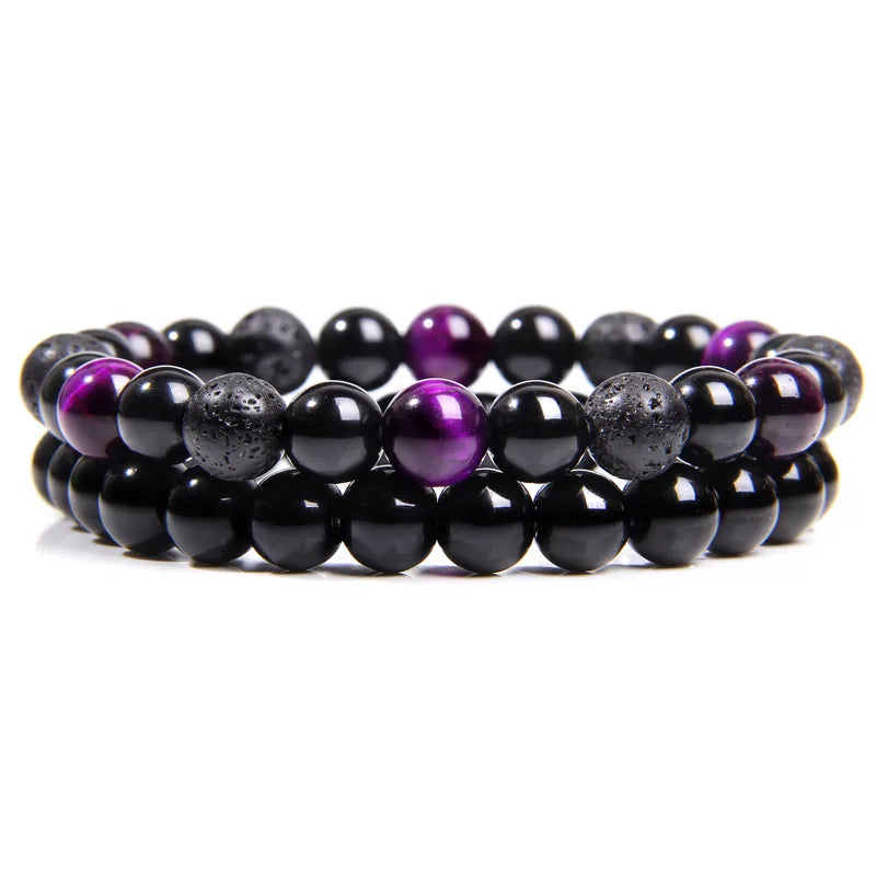 Fashion 2pcs Bead Bracelet Men Natural Tiger Eye Hematite Obsidian Beaded Bracelets Homme Energy Stretch Bracelet Men Jewelry