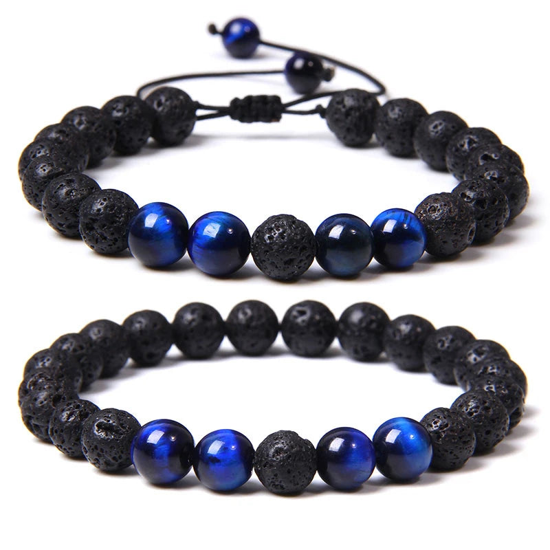 Tejesa 2pcs Men Bracelet 8mm Natual Stone Tiger Eye Beads Bracelet Round Onyx Beaded Adjustable Bracelet Jewelry Women Men