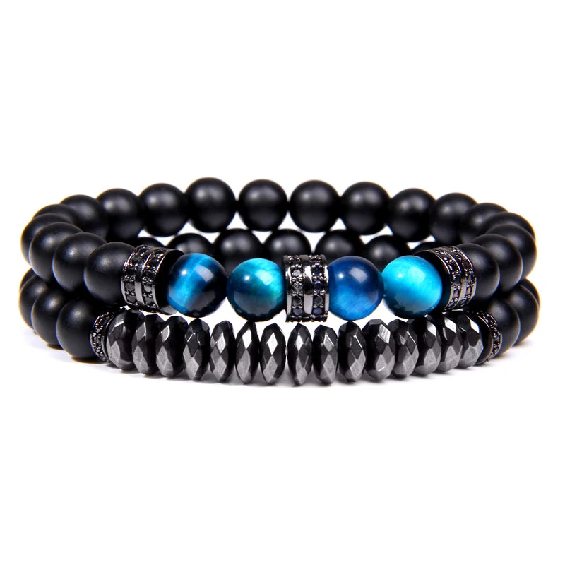 Fashion 2pcs Bead Bracelet Men Natural Tiger Eye Hematite Obsidian Beaded Bracelets Homme Energy Stretch Bracelet Men Jewelry