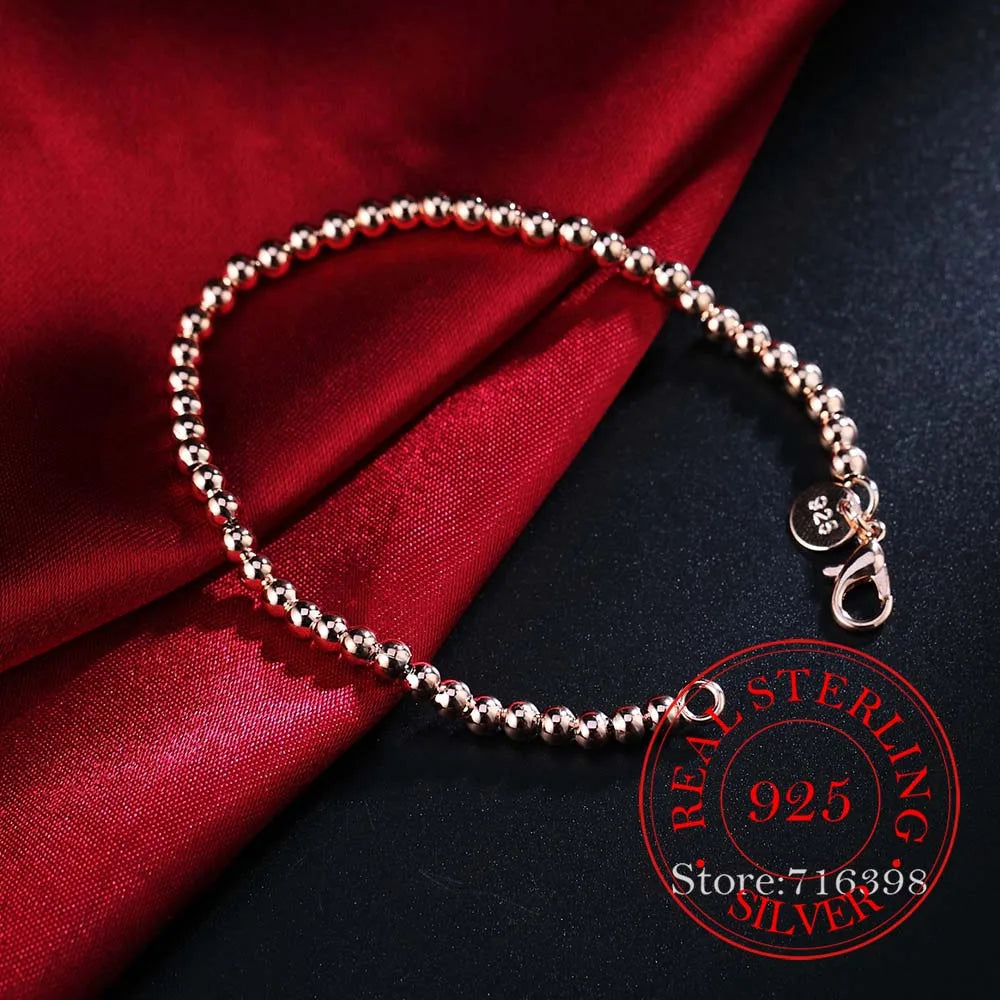 100% Real 925 Sterling silver Bracelet for Women men Homme 4MM Beads Ball Chain Bracelets Bangles Classic Pulsera De Mujer