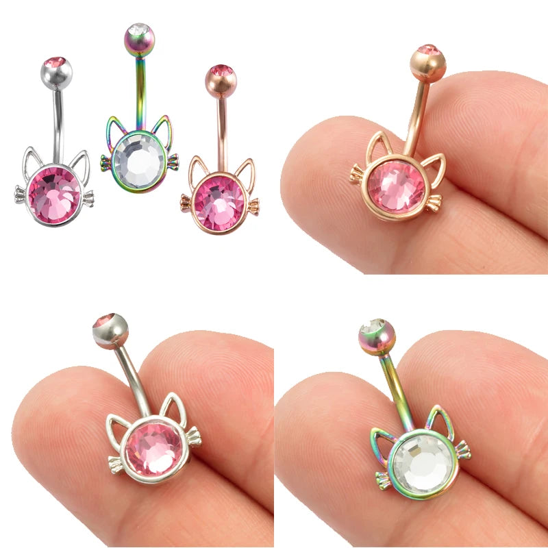 1pc Cat Belly Button Rings for Woman Navel Piercing Surgical Steel Bar Barbell Zircon Dangling Ombligo Sexy Body Belly Jewelry